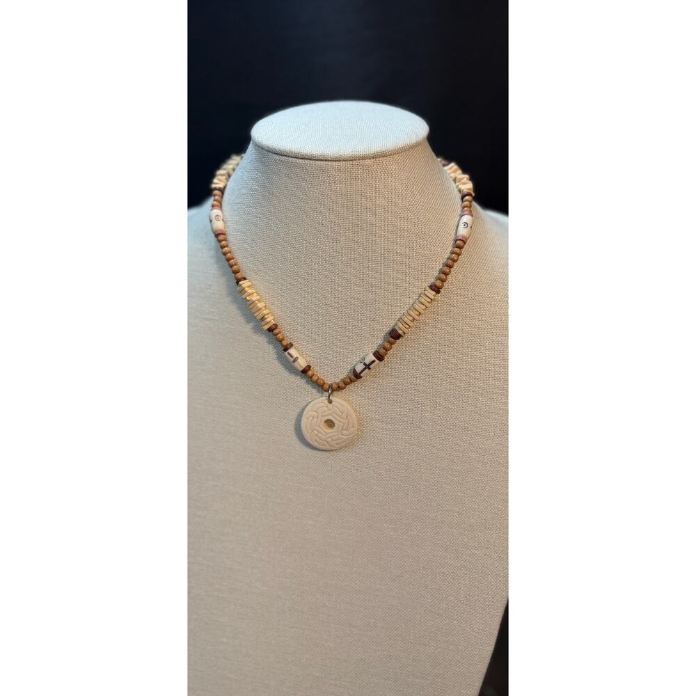 Carved Bone Disc Pendant Necklace with Wood & Bone Beads